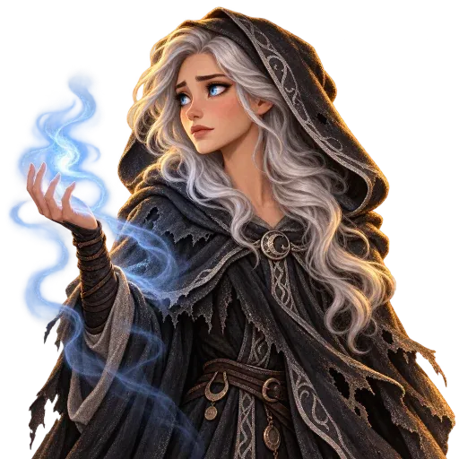 Vesper, a hooded woman holding a wisp of blue light